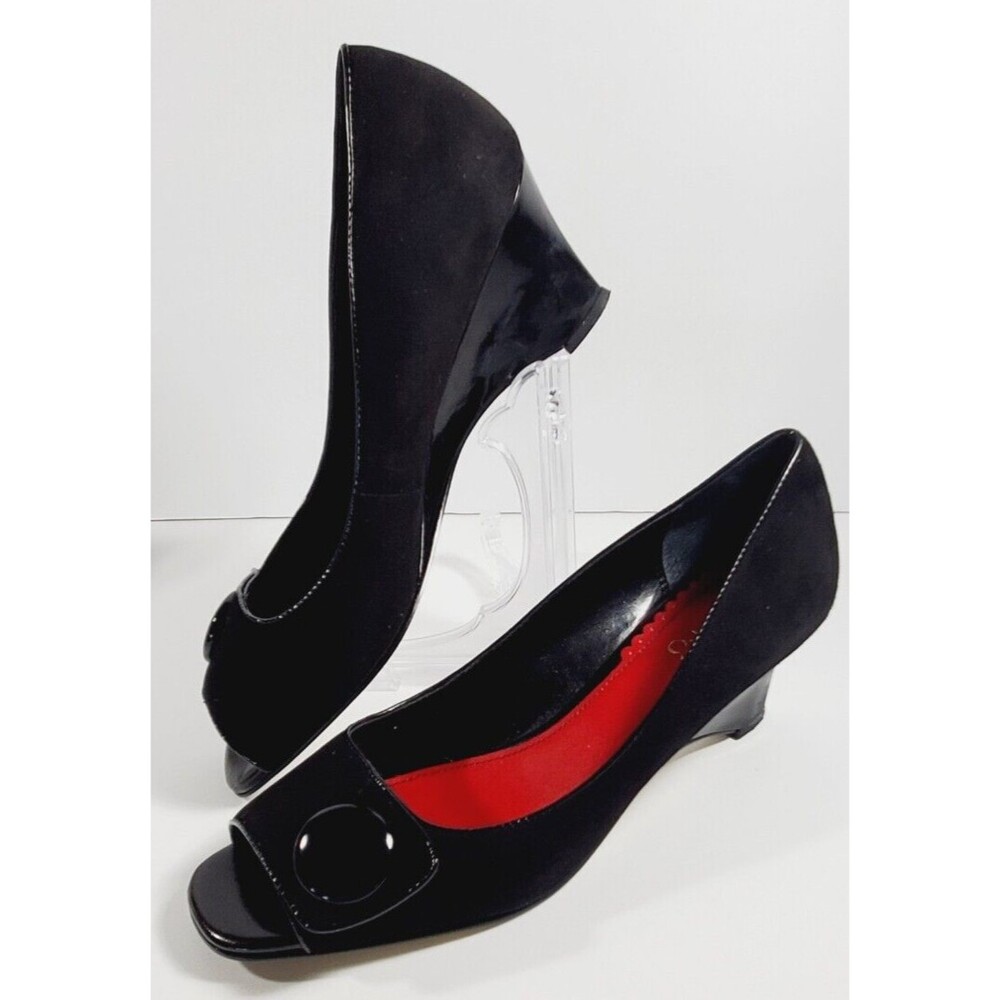 Franco Sarto Womens L'Avanti Black Suede Size 9.5M Open Toe Wedge Pumps Shoes